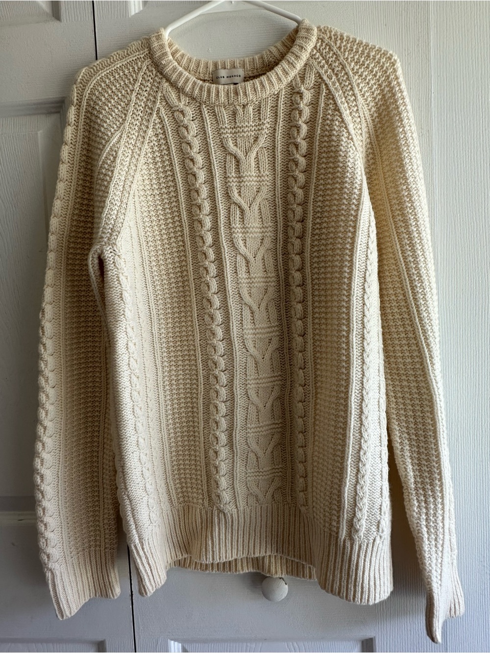 Club Monaco Merino Wool Cream Cable-Knit Crewneck Sweater | Fisherman